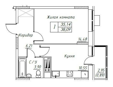 Планировка: 1-комн. квартира 38.09 м² в новостройке Большевик (Дмитров)