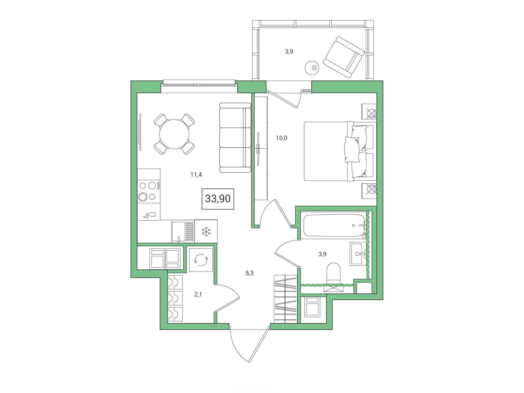 Планировка: 1-комн. квартира 33.90 м² в новостройке Янила Форест