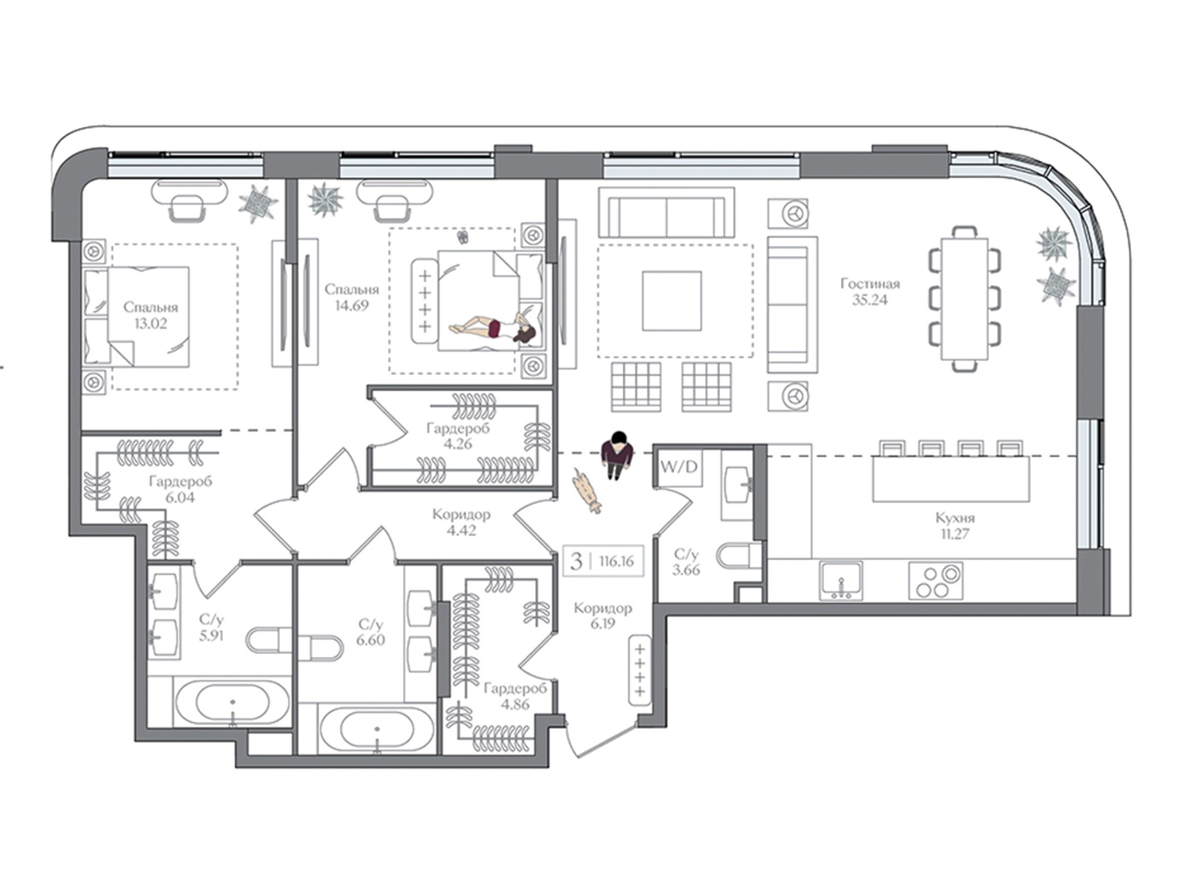Планировка: 2-комн. квартира 116.16 м² в новостройке Преображенская площадь