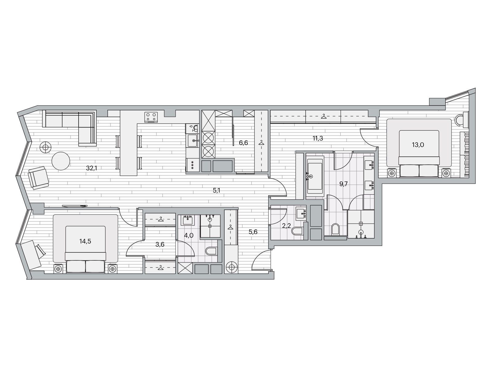 Планировка: 2-комн. квартира 107.00 м² в новостройке Береговой-2