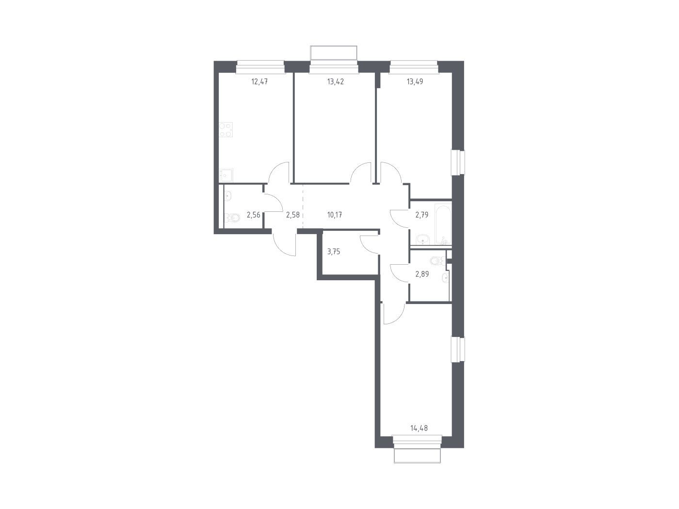 Планировка: 3-комн. квартира 78.60 м² в новостройке Новое Внуково