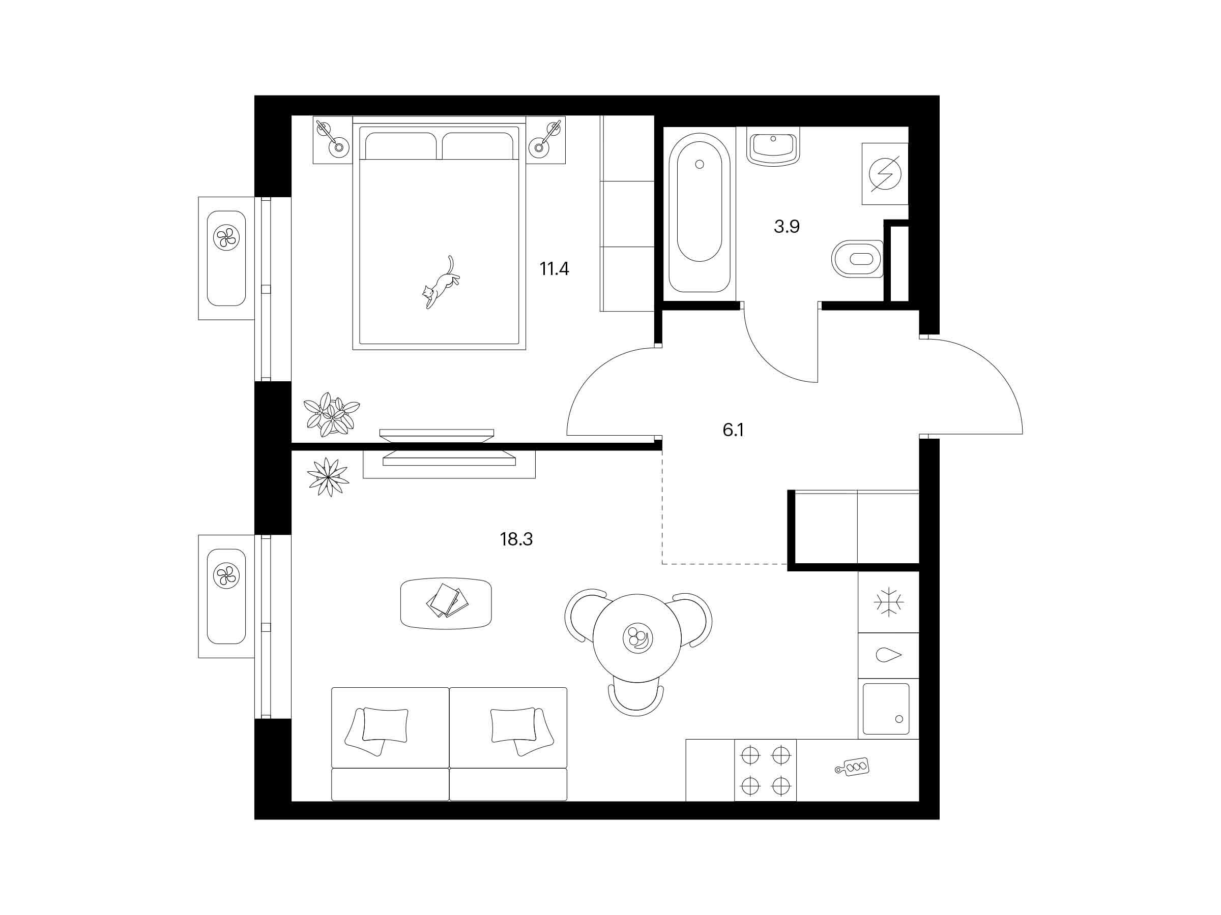 Планировка: 1-комн. квартира 39.70 м² в новостройке Люблинский парк