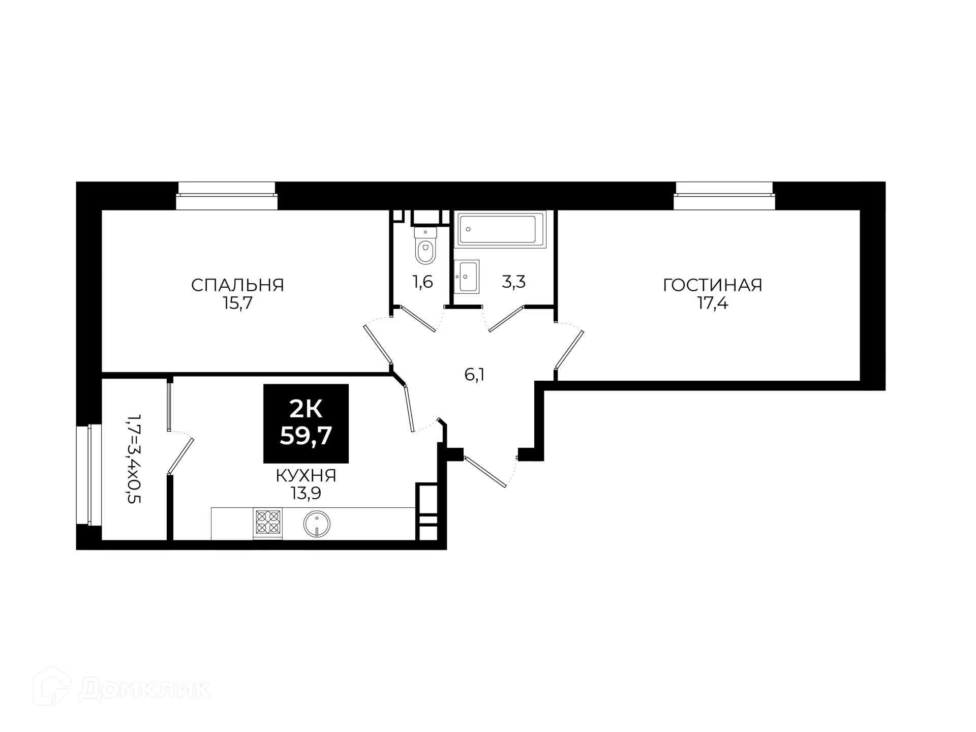 Планировка: 2-комн. квартира 59.70 м² в новостройке Первый