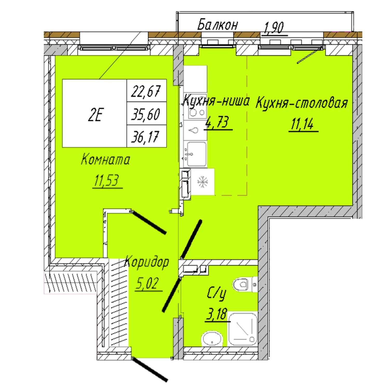 Планировка: 1-комн. квартира 36.17 м² в новостройке По улице 2-я Дачная