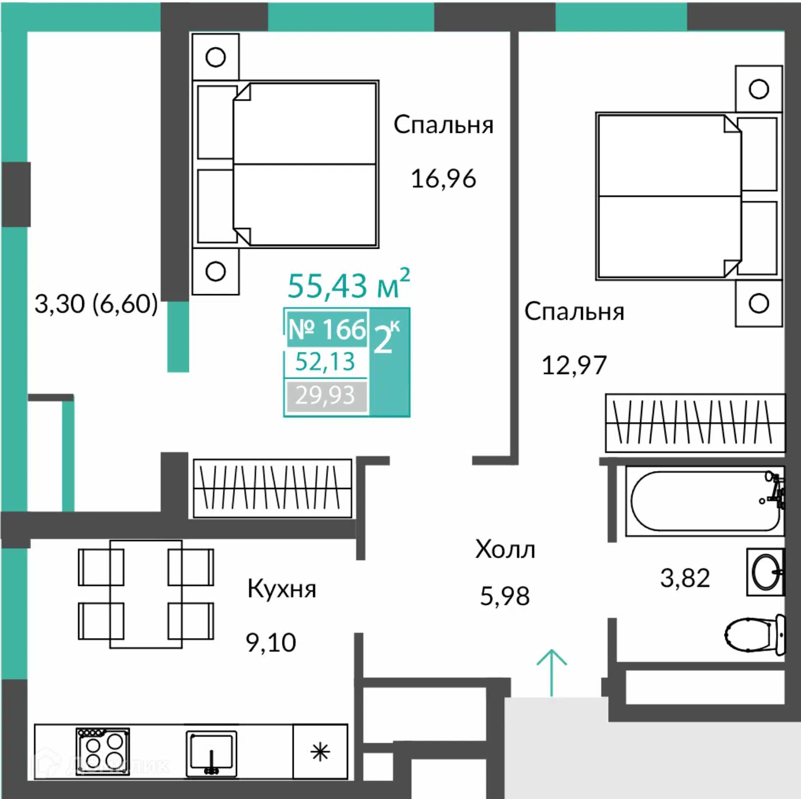 Планировка: 2-комн. квартира 52.13 м² в новостройке ЖК Единство