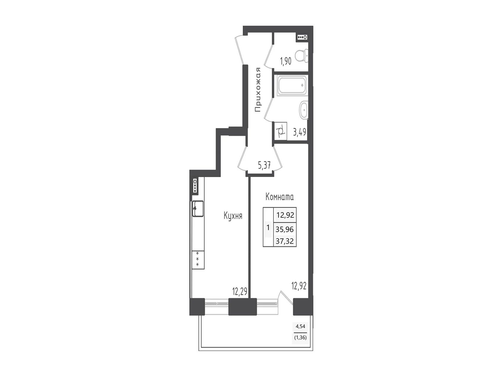Планировка: 1-комн. квартира 37.32 м² в новостройке Зеленый Город
