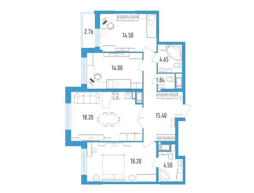 Планировка: 3-комн. квартира 97.40 м² в новостройке Колумб