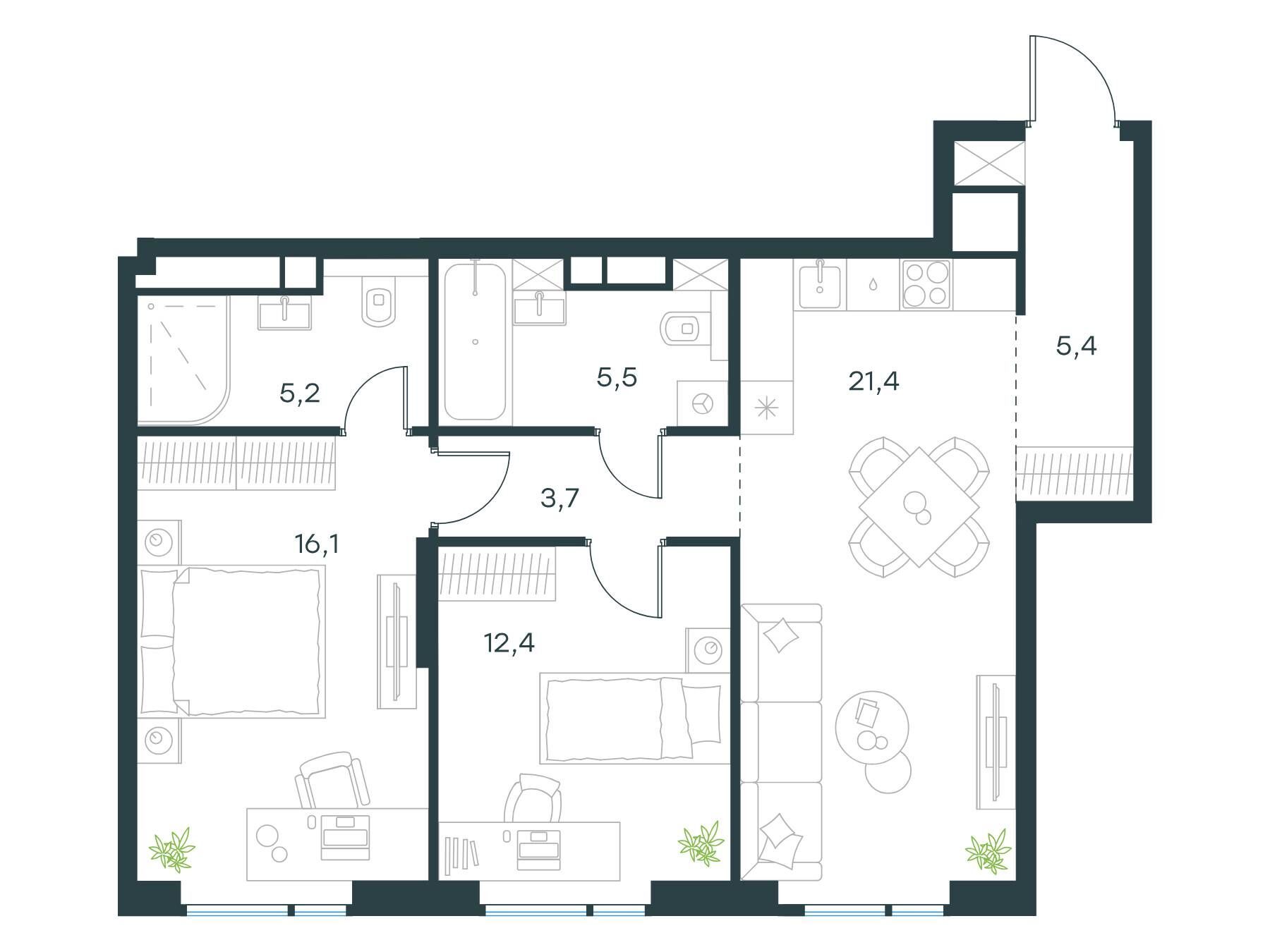 Планировка: 2-комн. квартира 69.70 м² в новостройке Левел Войковская