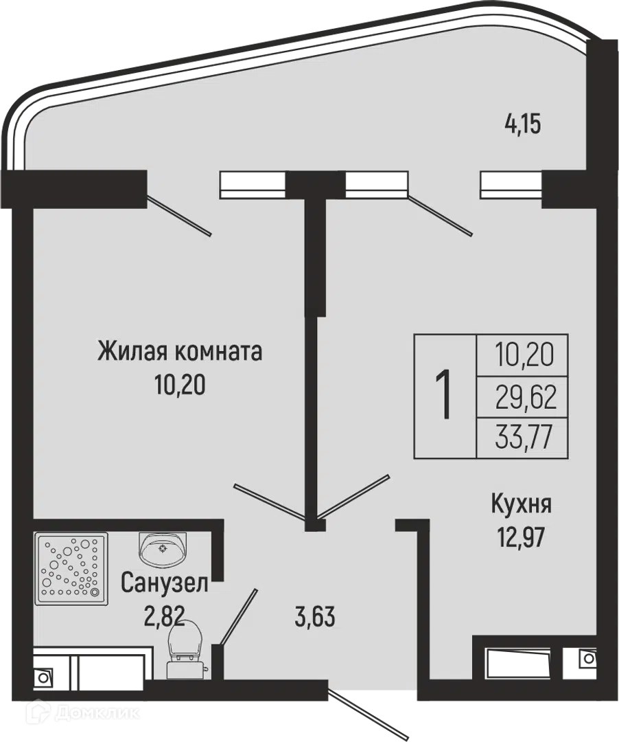 Планировка: 1-комн. квартира 33.85 м² в новостройке Сан Хилс Ольгинка