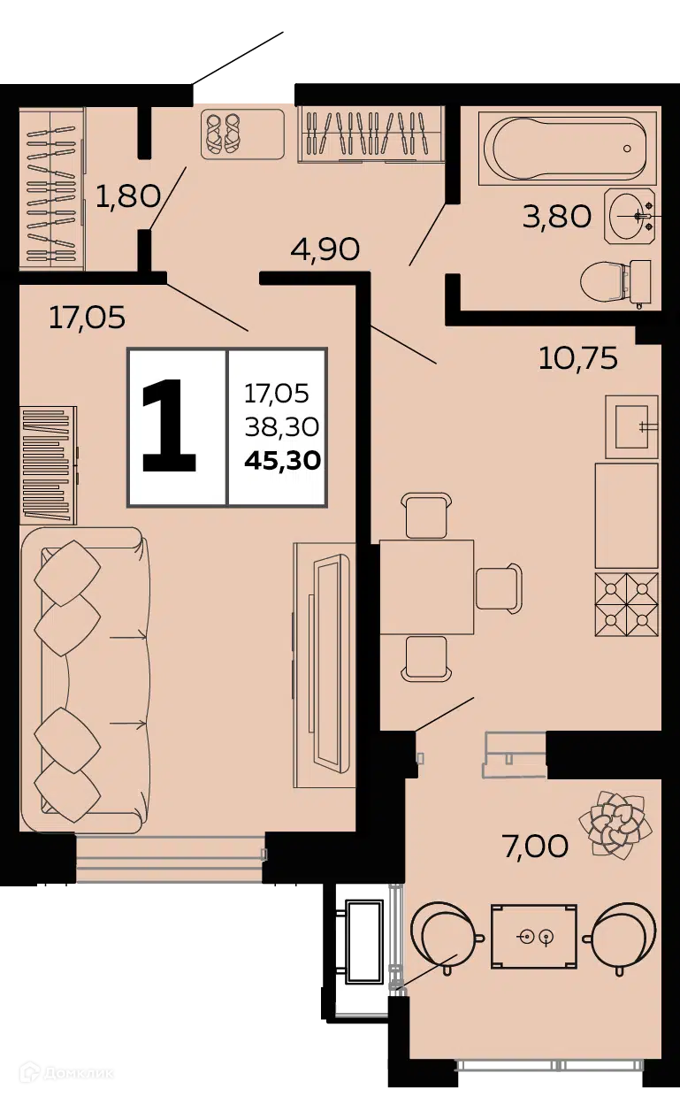 Планировка: 1-комн. квартира 45.30 м² в новостройке Мост
