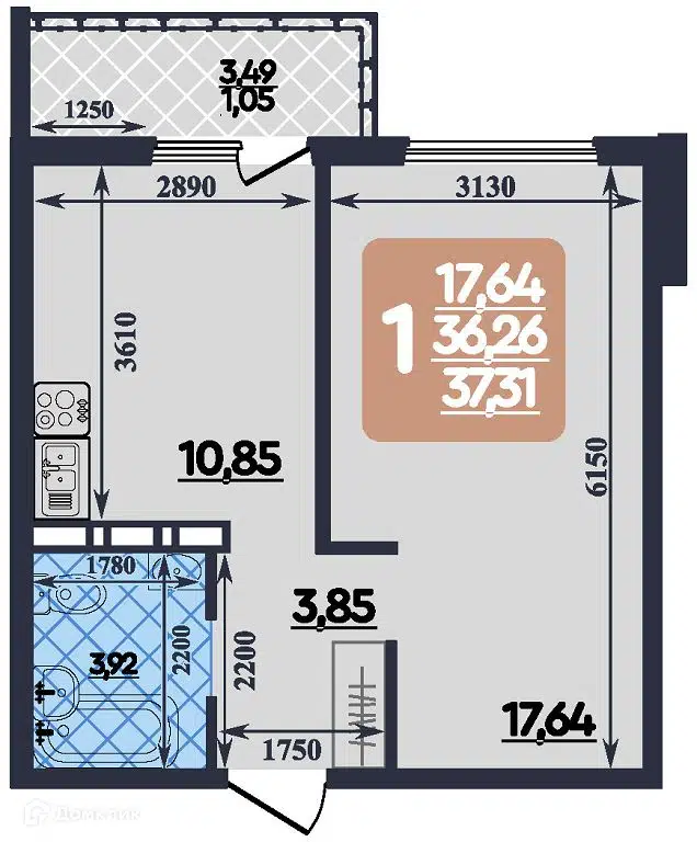 Планировка: 1-комн. квартира 37.31 м² в новостройке Ленинградский квартал