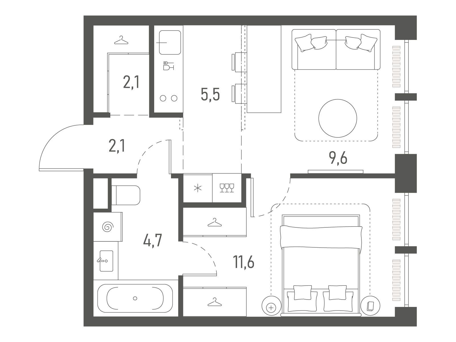 Планировка: 1-комн. квартира 35.60 м² в новостройке Среда на Лобачевского