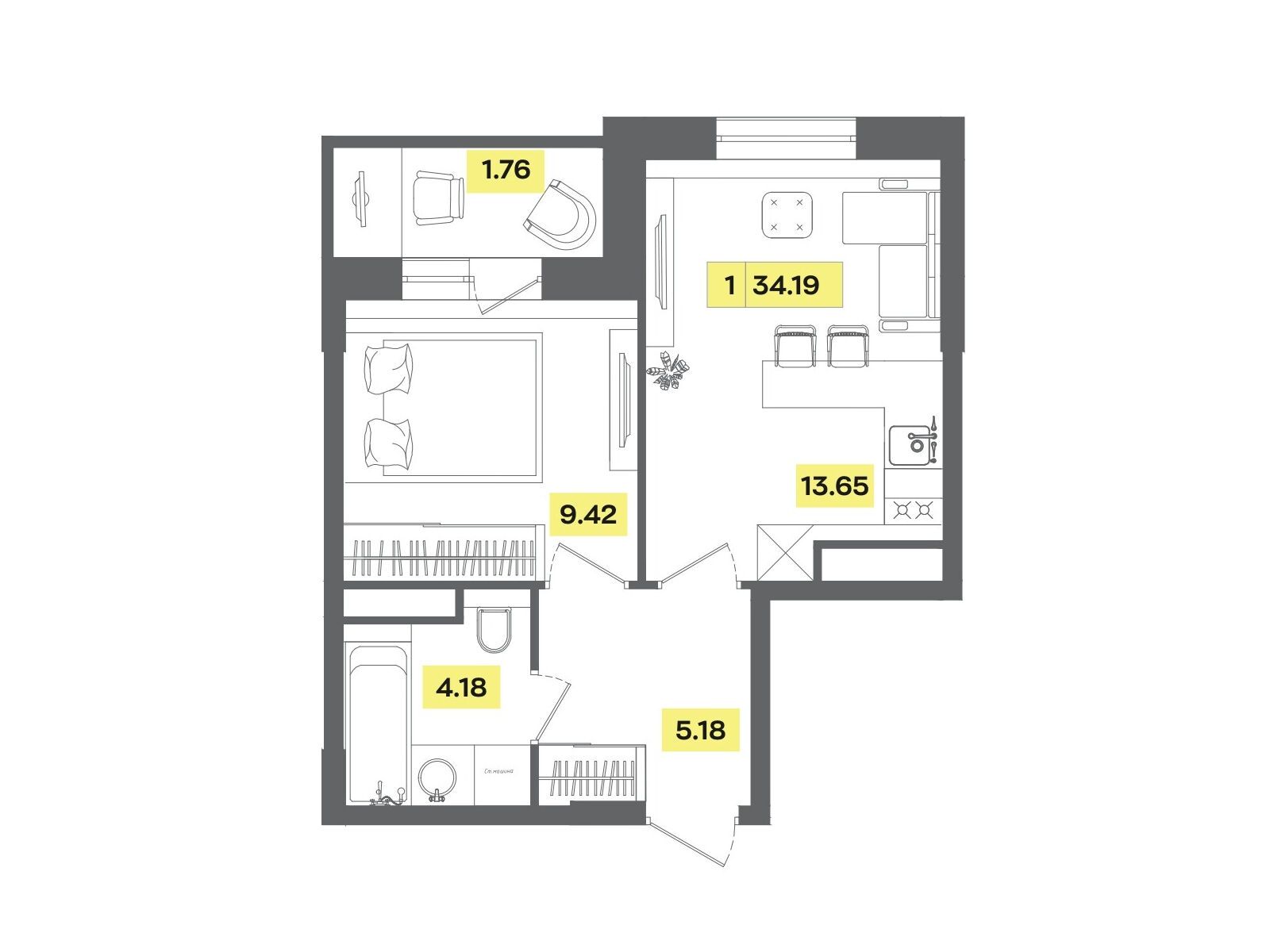Планировка: 2-комн. квартира 34.19 м² в новостройке Радость