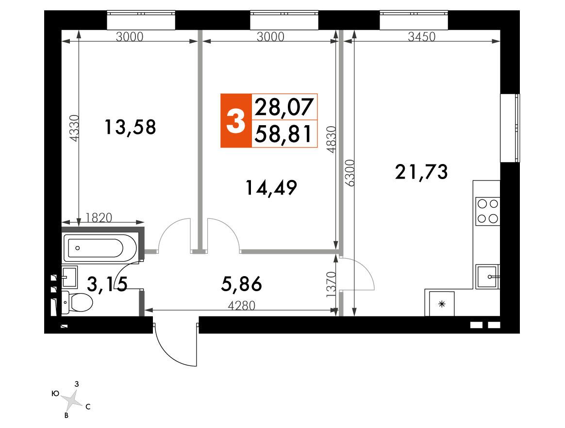 Планировка: 2-комн. квартира 58.90 м² в новостройке Парк Апрель