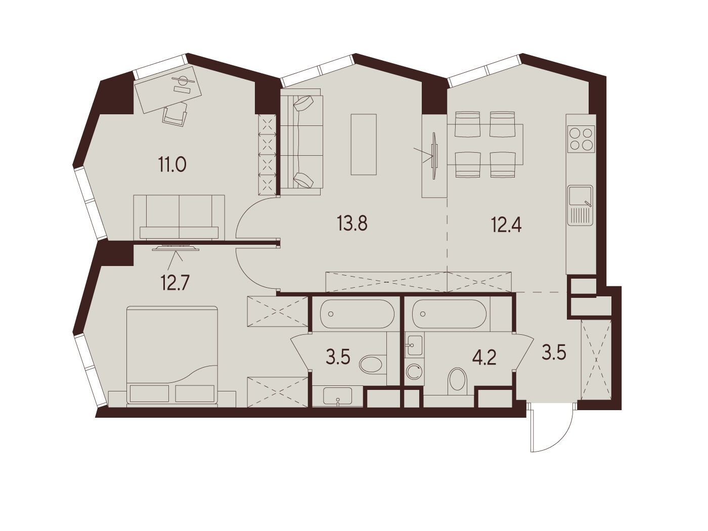 Планировка: 2-комн. квартира 61.10 м² в новостройке ЖК Инди Тауэрз