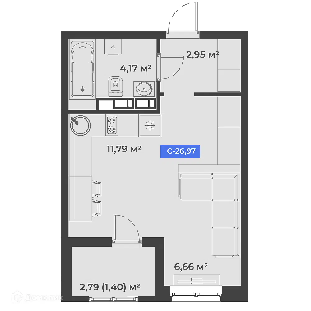 Планировка: Студия 26.97 м² в новостройке Соловей