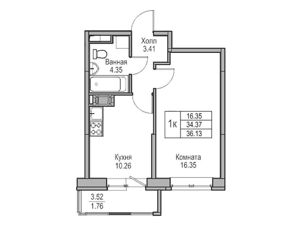 Планировка: 1-комн. квартира 36.13 м² в новостройке Юнтолово