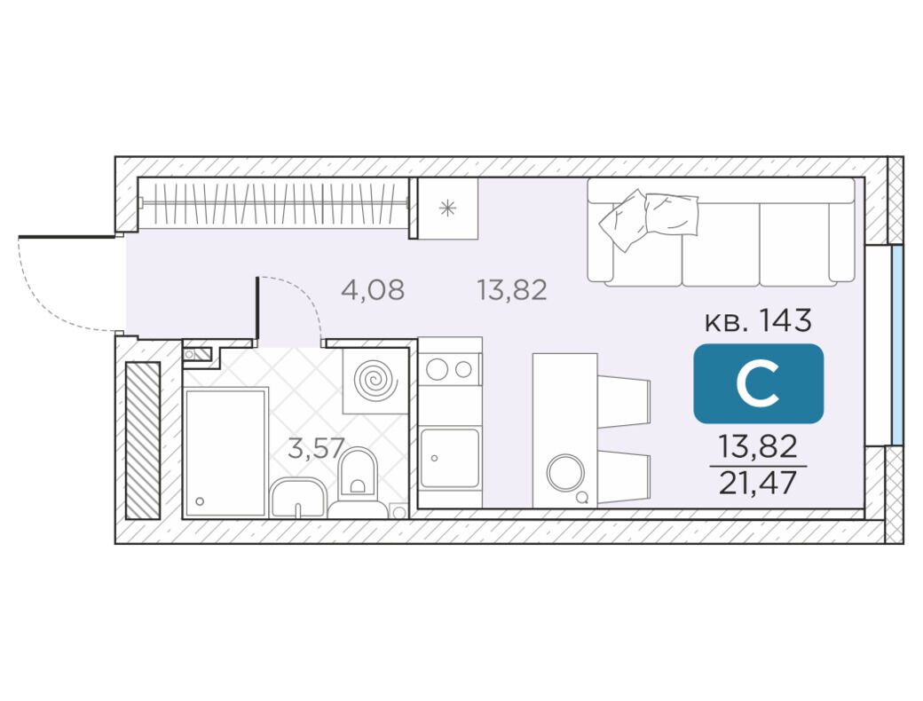 Планировка: 1-комн. квартира 21.47 м² в новостройке Гильдия