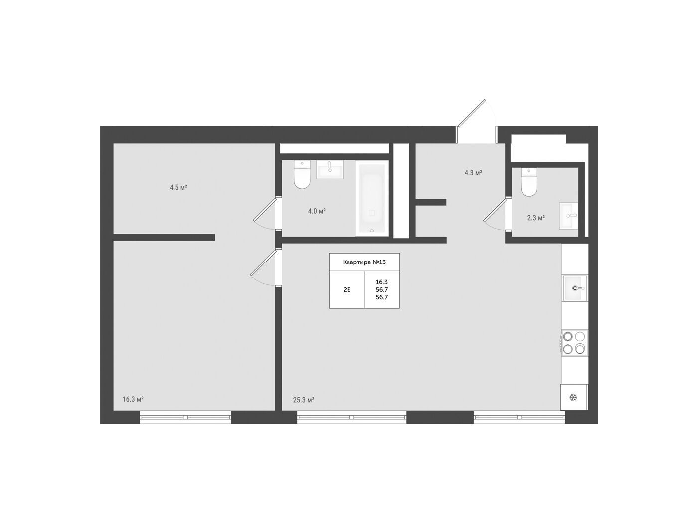 Планировка: 2-комн. квартира 56.70 м² в новостройке Яковлево