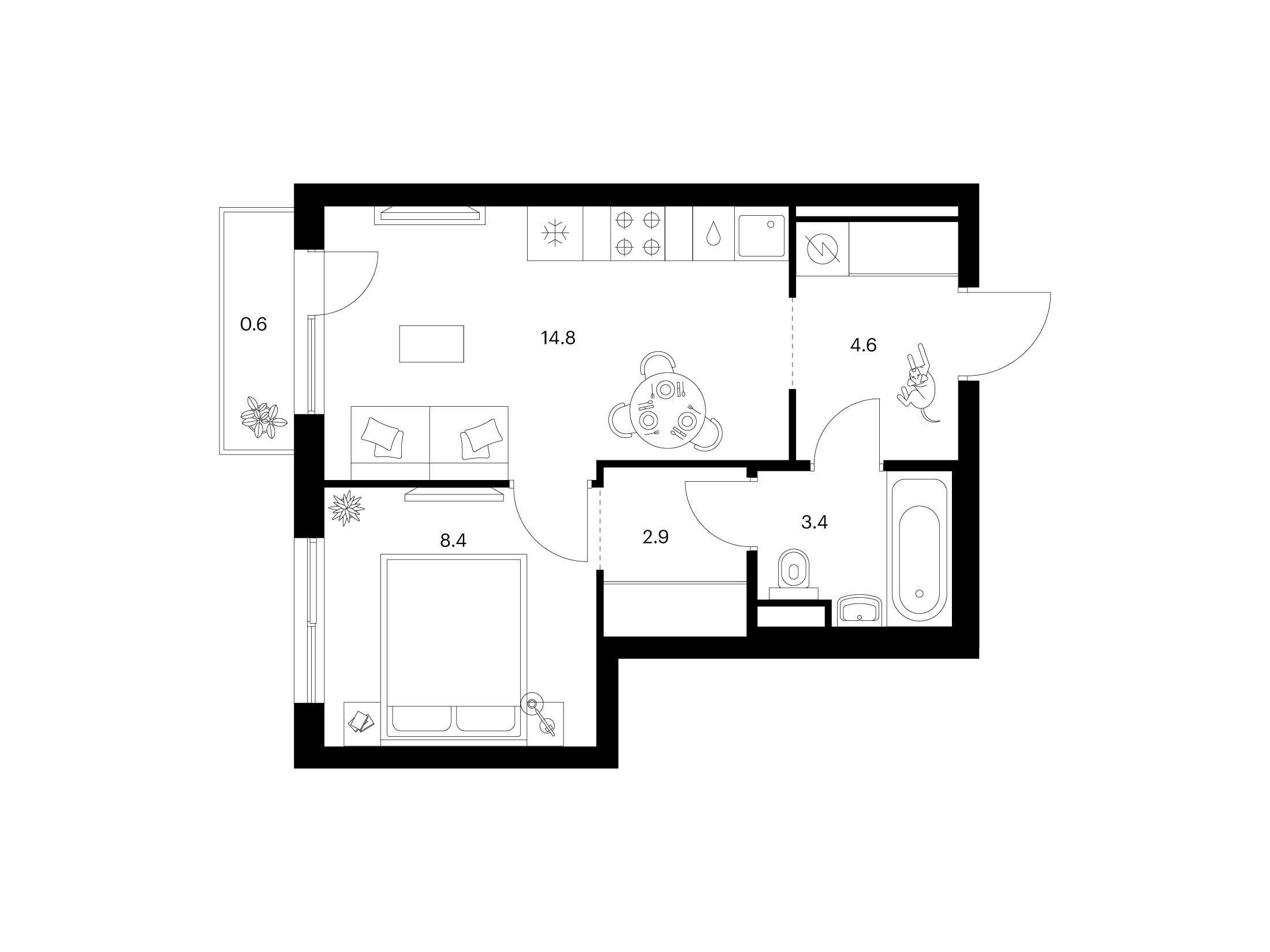 Планировка: 1-комн. квартира 34.70 м² в новостройке Матвеевский парк