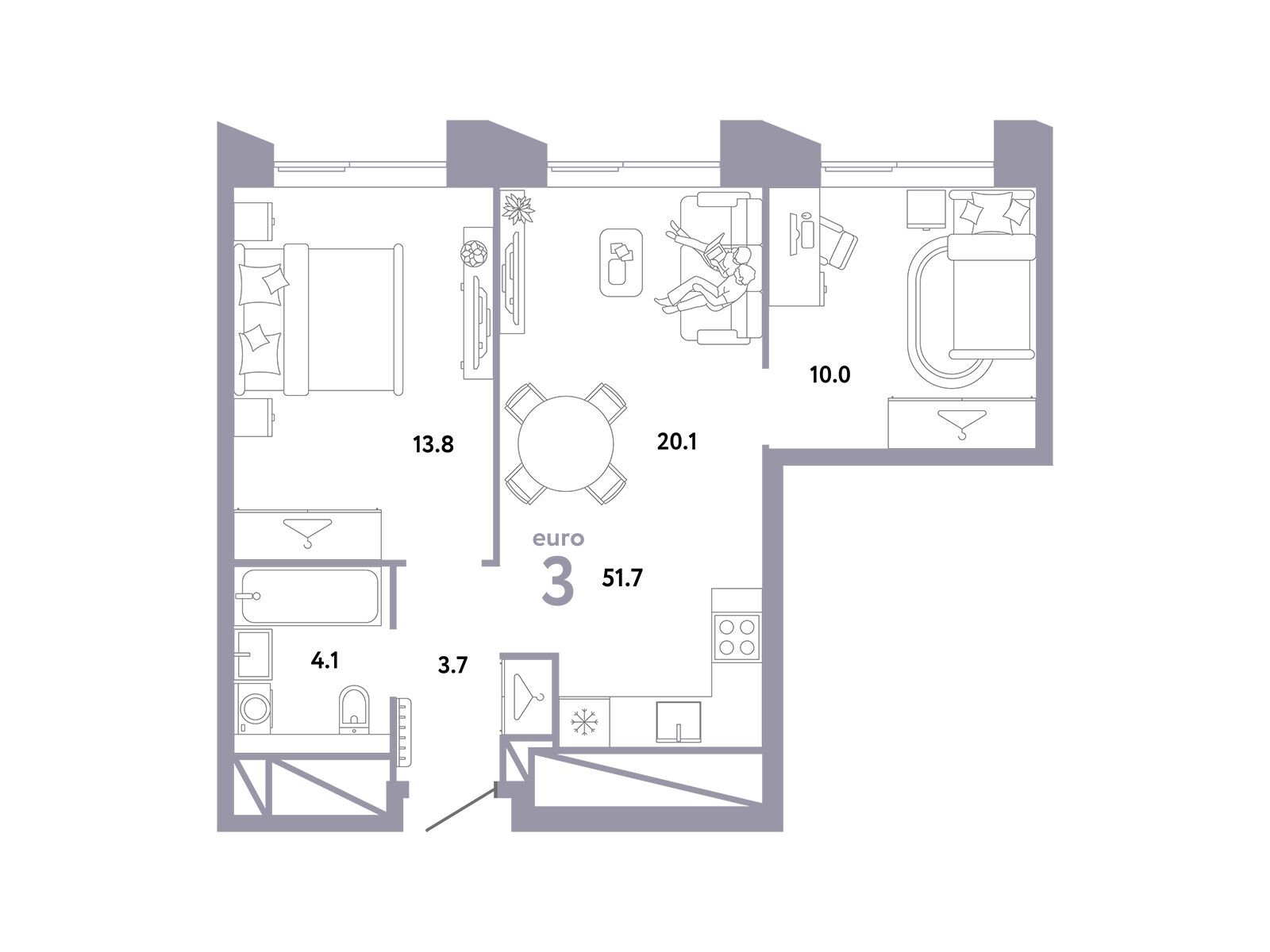 Планировка: 3-комн. квартира 51.70 м² в новостройке Страна. Заречная