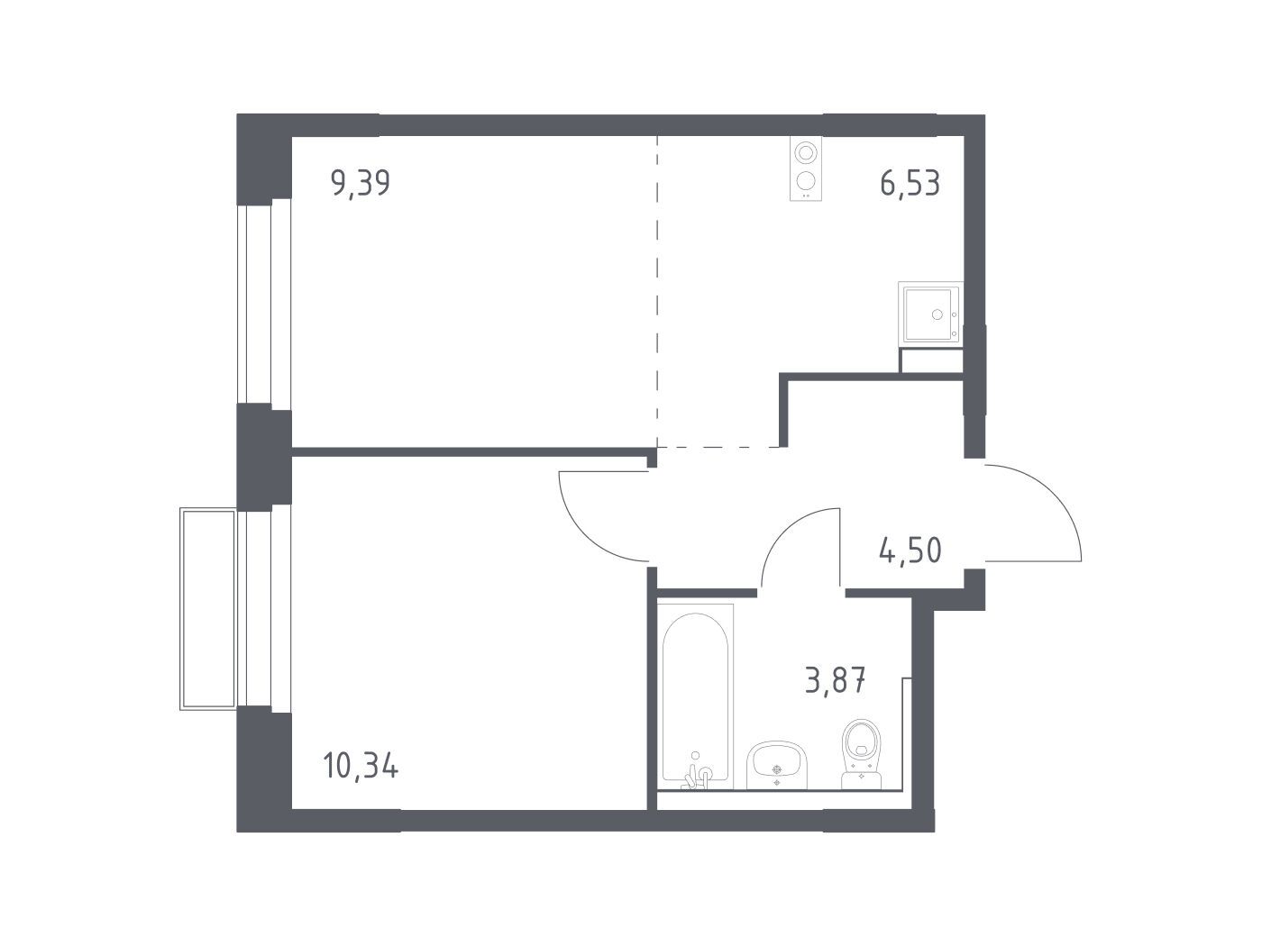 Планировка: 1-комн. квартира 34.63 м² в новостройке Новое Внуково