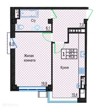 Планировка: 1-комн. квартира 45.80 м² в новостройке Резиденция
