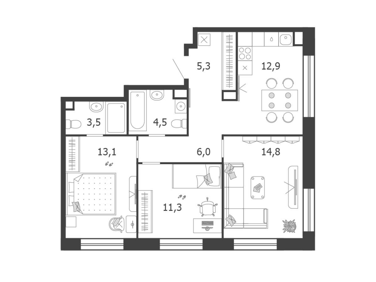Планировка: 3-комн. квартира 71.40 м² в новостройке Шагал
