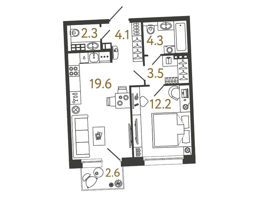 Планировка: 1-комн. квартира 46.00 м² в новостройке Цвет Зеленогорска