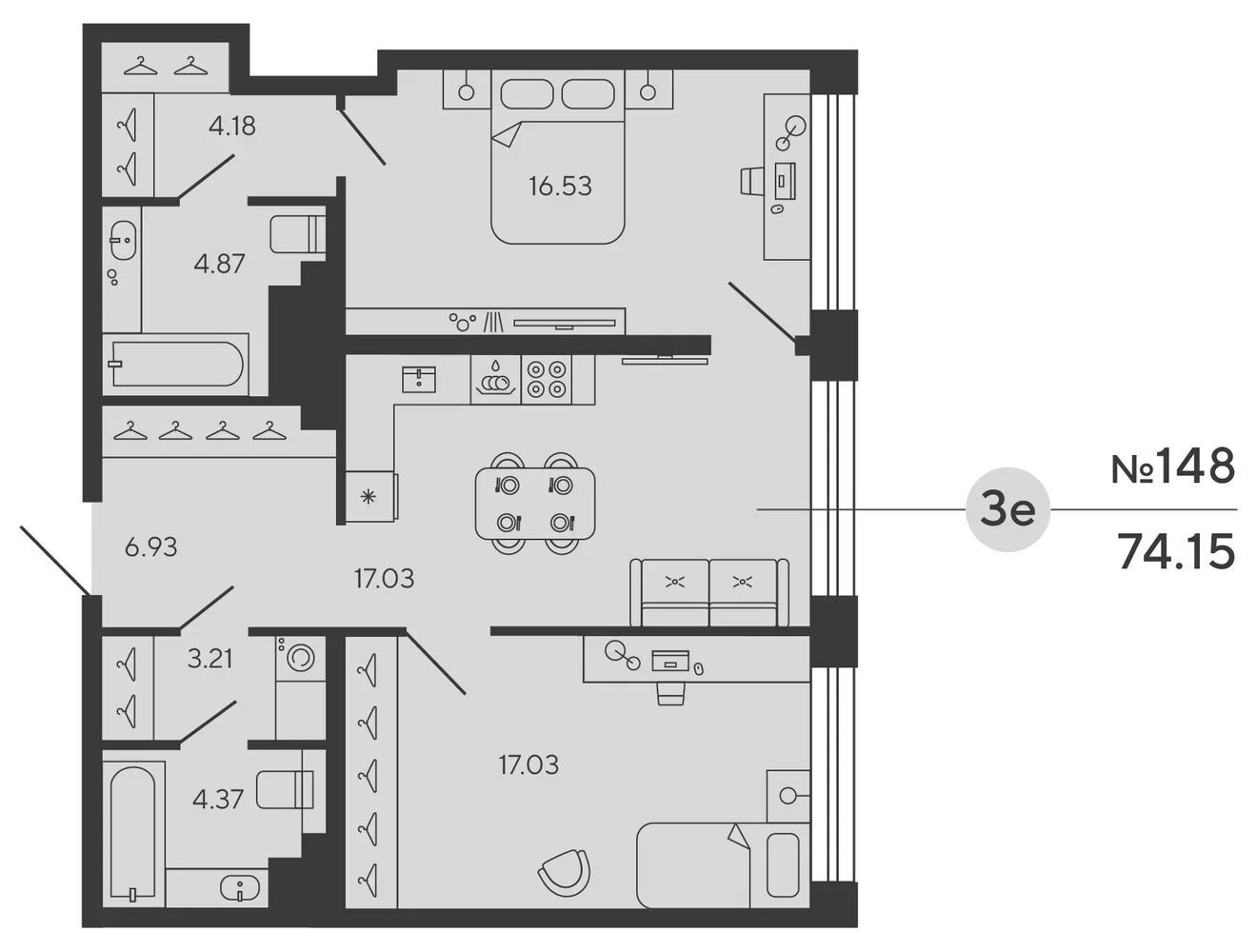 Планировка: 2-комн. квартира 74.15 м² в новостройке Башни Элемент