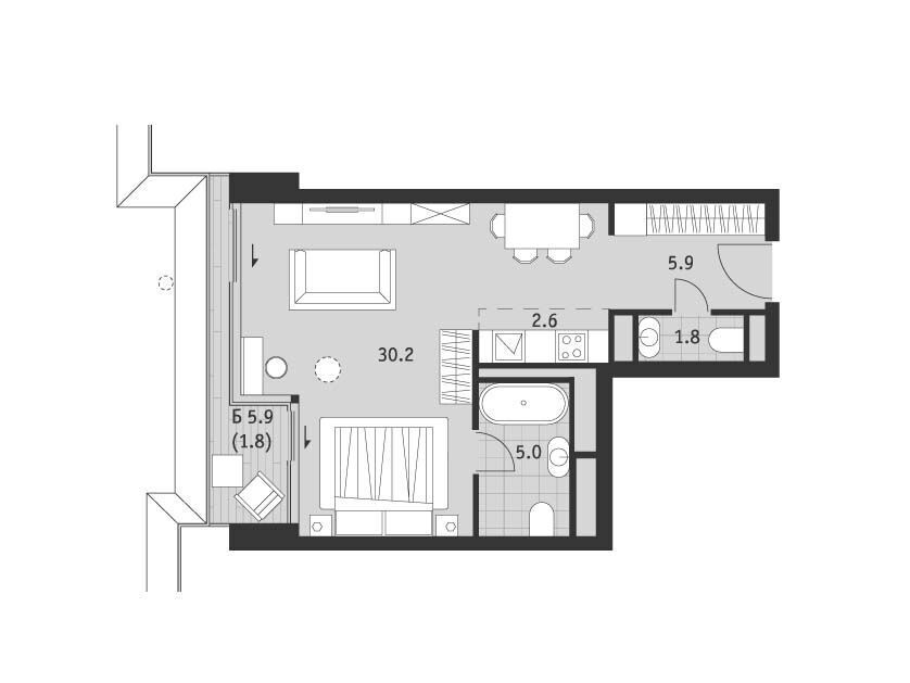 Планировка: 1-комн. квартира 47.30 м² в новостройке ЖК Бадаевский