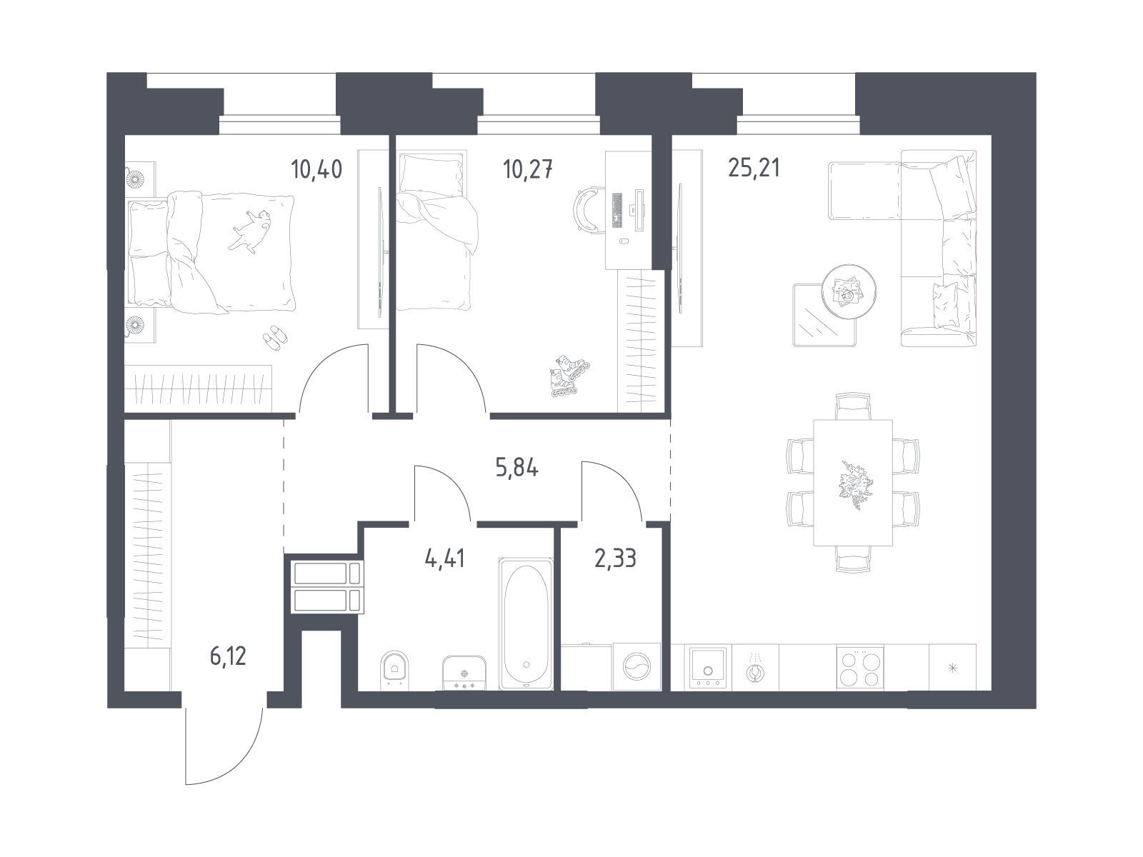 Планировка: 2-комн. квартира 64.58 м² в новостройке Тропарево Парк