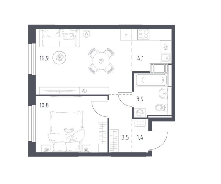 Планировка: 1-комн. квартира 40.20 м² в новостройке Мытищи Парк