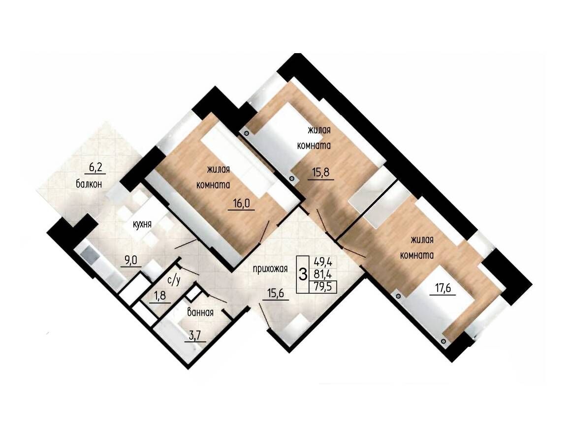 Планировка: 3-комн. квартира 81.40 м² в новостройке ЖК Литейный