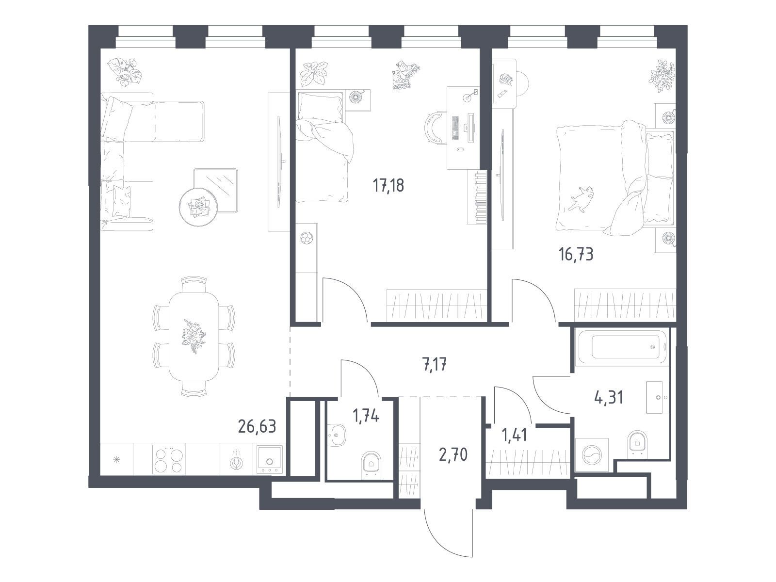 Планировка: 2-комн. квартира 77.87 м² в новостройке Квартал на воде