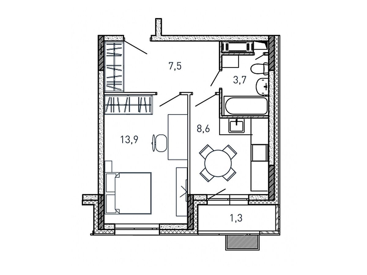 Планировка: 1-комн. квартира 35.00 м² в новостройке Квартал Светлый
