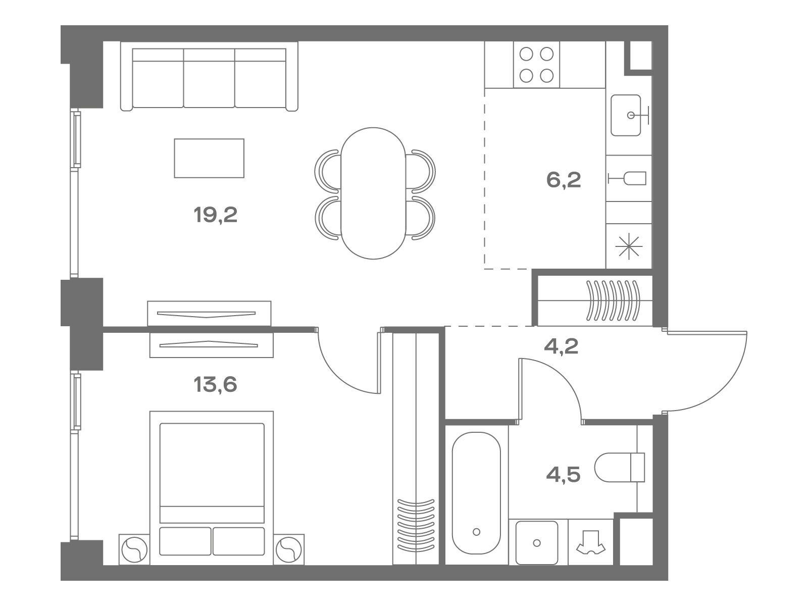 Планировка: 1-комн. квартира 47.70 м² в новостройке Соул