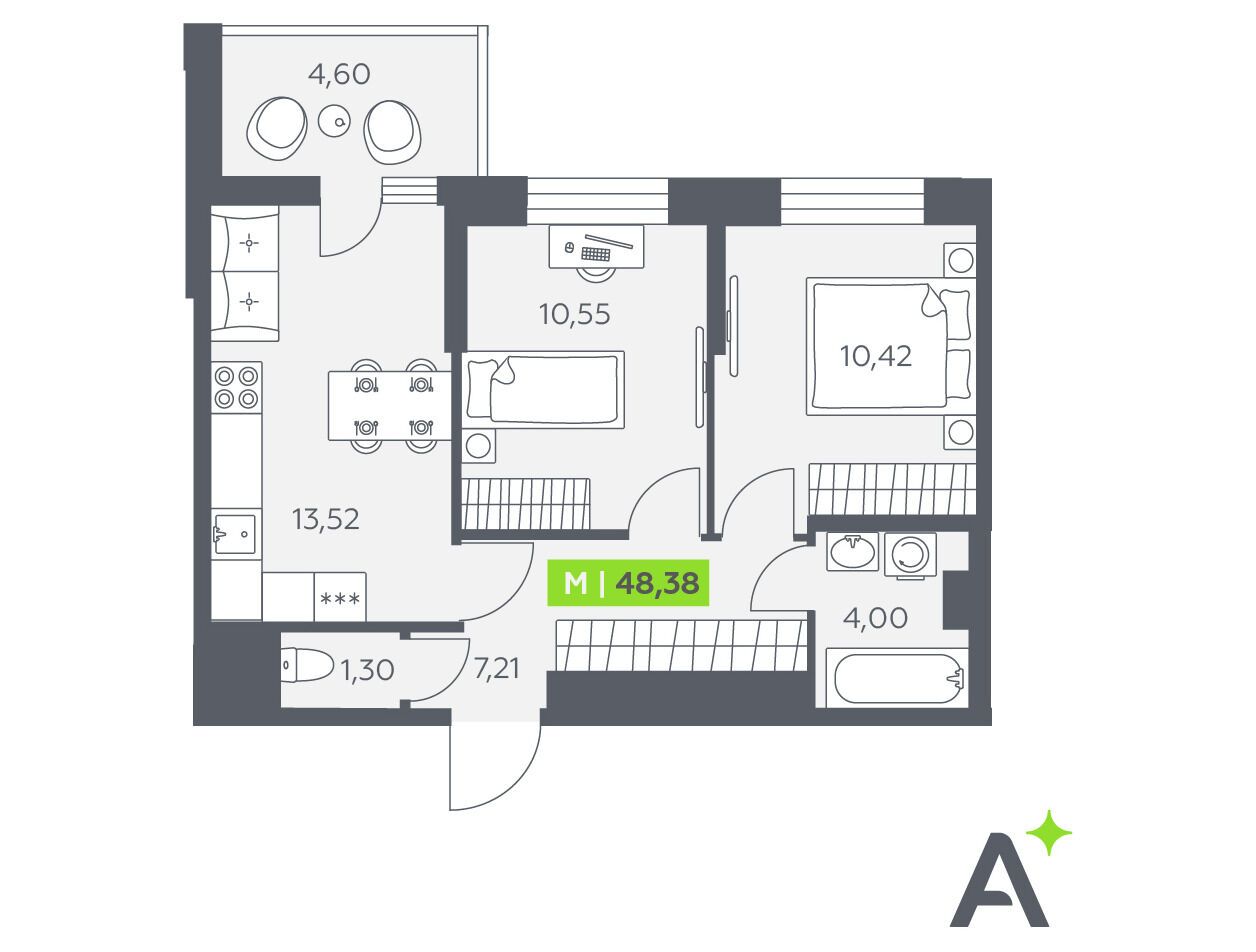 Планировка: 3-комн. квартира 48.38 м² в новостройке Аквилон Верба