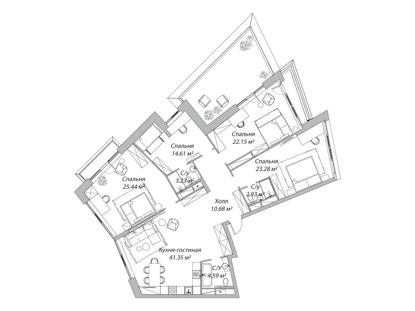 Планировка: 4-комн. квартира 148.30 м² в новостройке Рублево