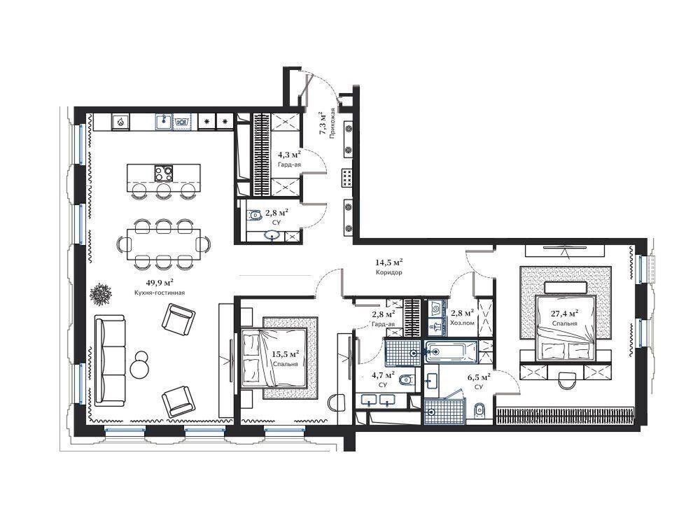 Планировка: 3-комн. квартира 138.90 м² в новостройке Дом Франка