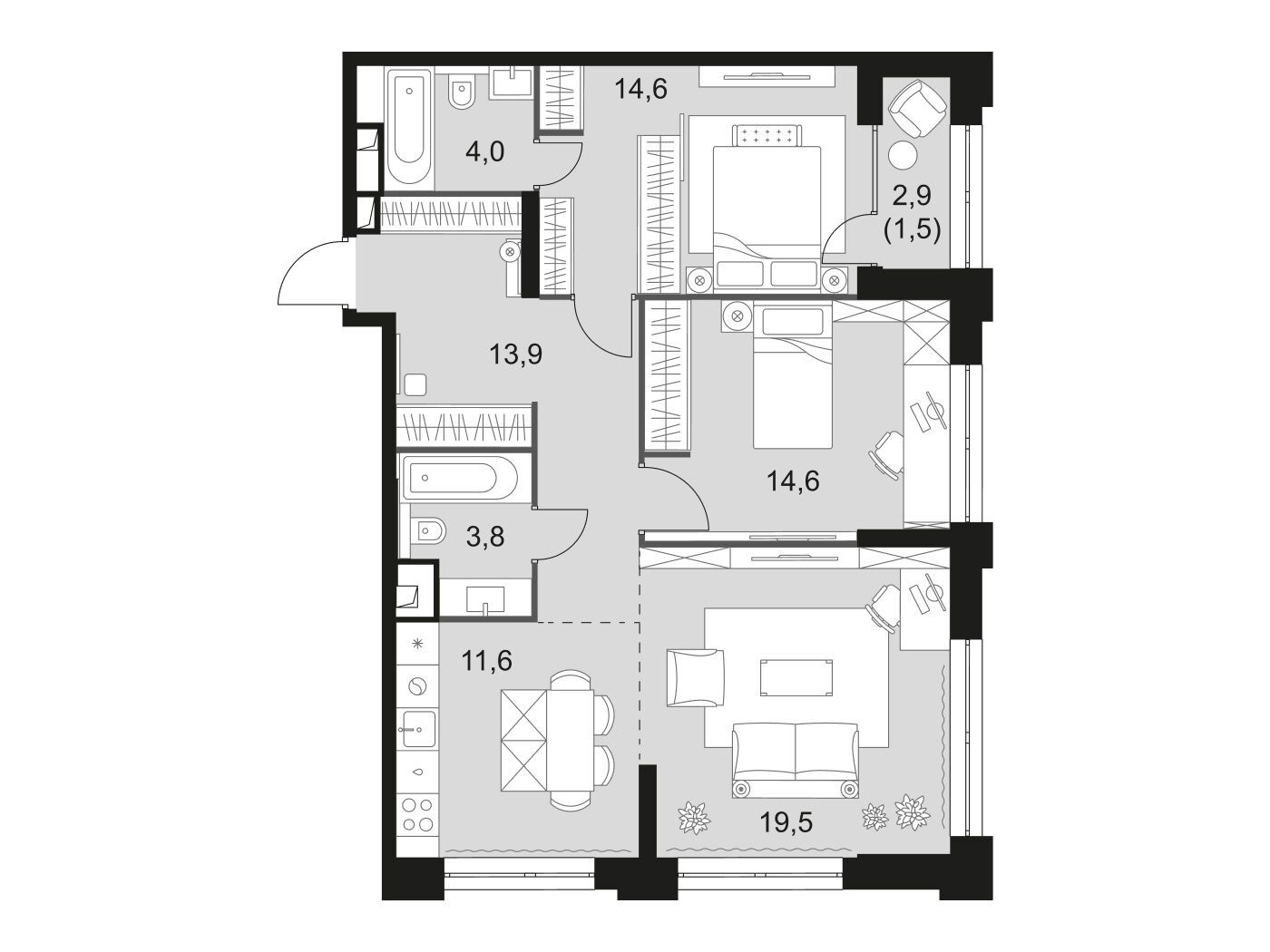 Планировка: 3-комн. квартира 83.50 м² в новостройке Сидней Сити
