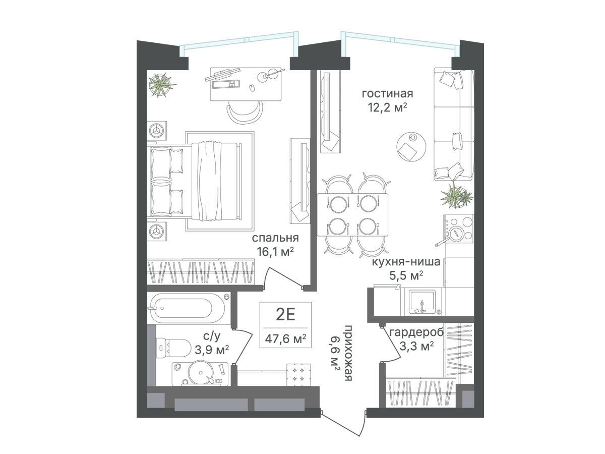 Планировка: 1-комн. квартира 47.60 м² в новостройке Петровский парк II
