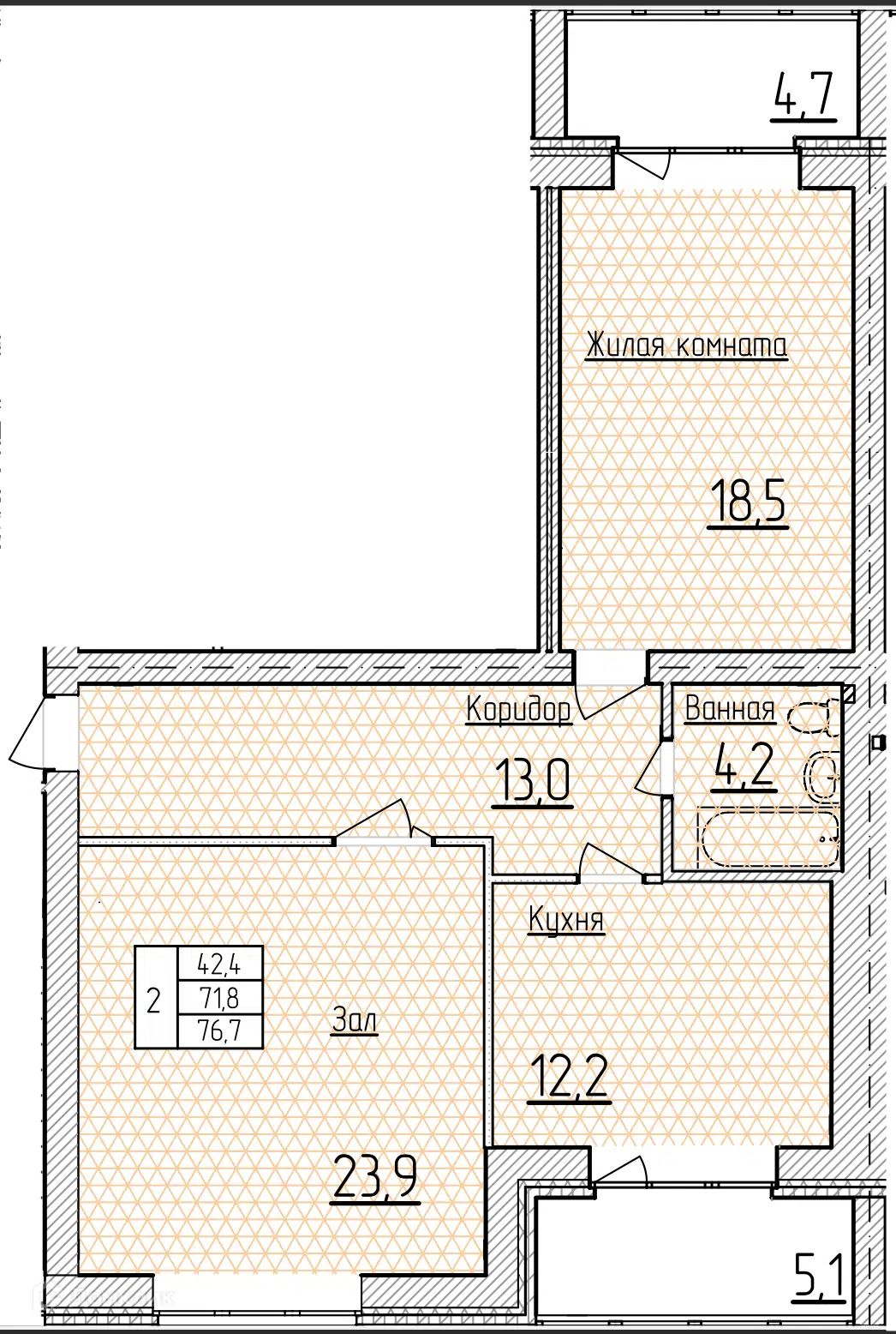 Планировка: 2-комн. квартира 76.70 м² в новостройке Фестивальный