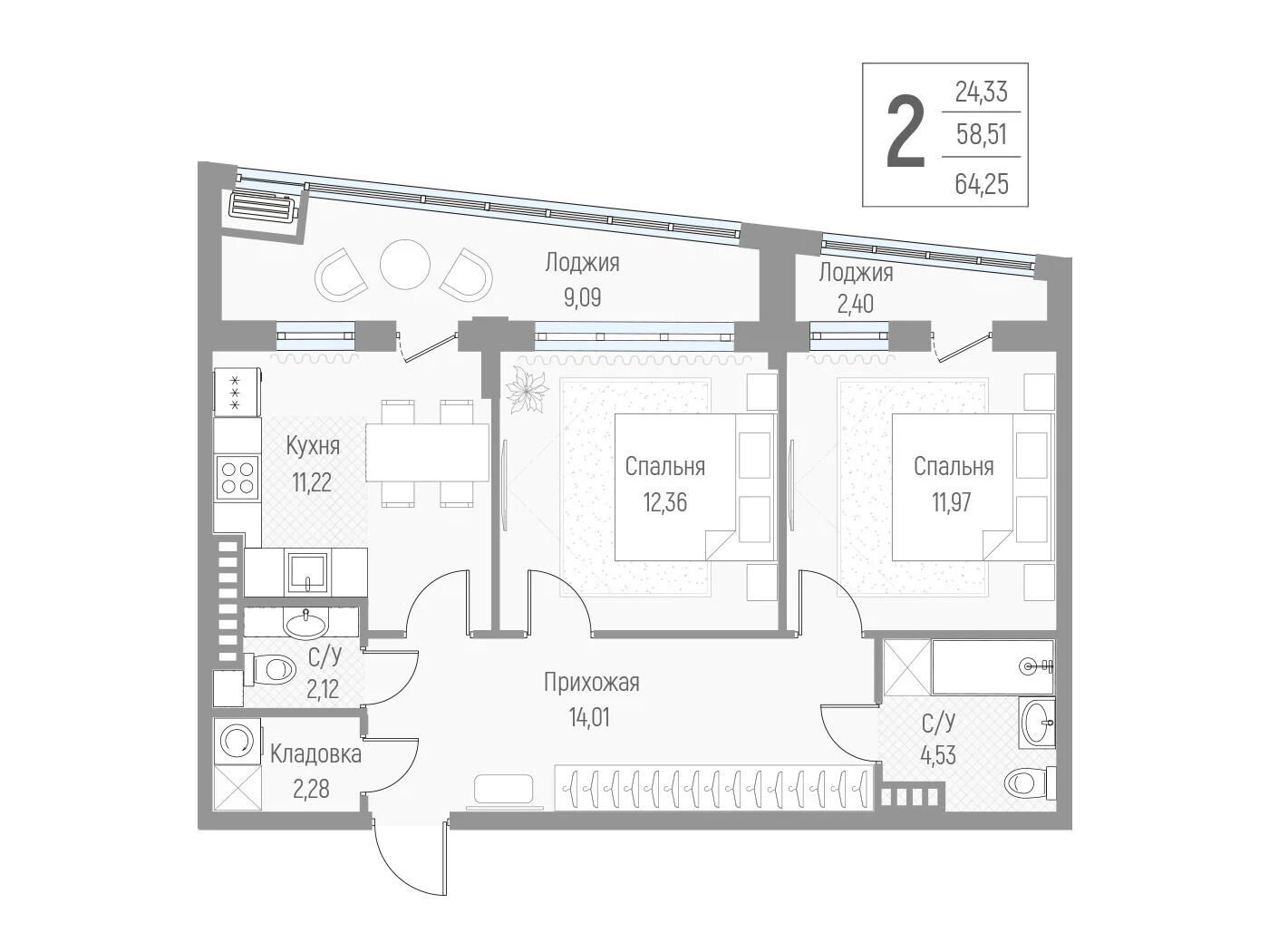 Планировка: 2-комн. квартира 63.60 м² в новостройке Эльйон