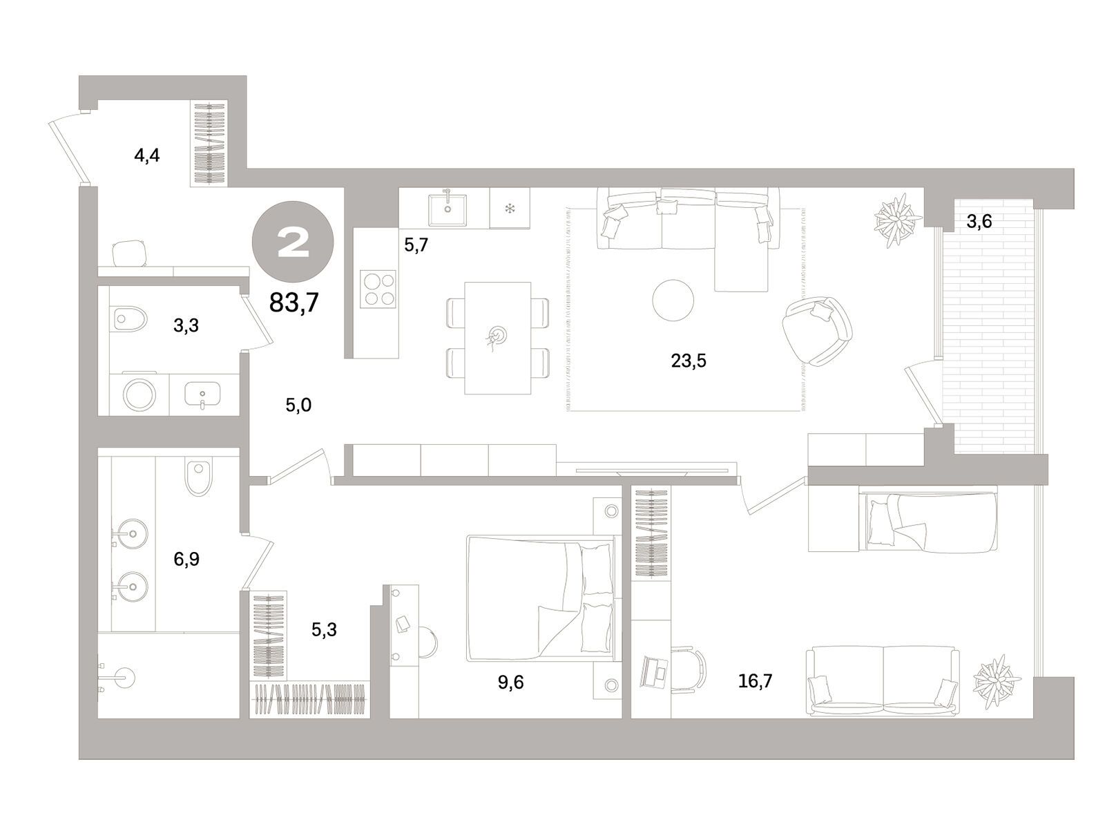 Планировка: 2-комн. квартира 83.70 м² в новостройке Северный ветер