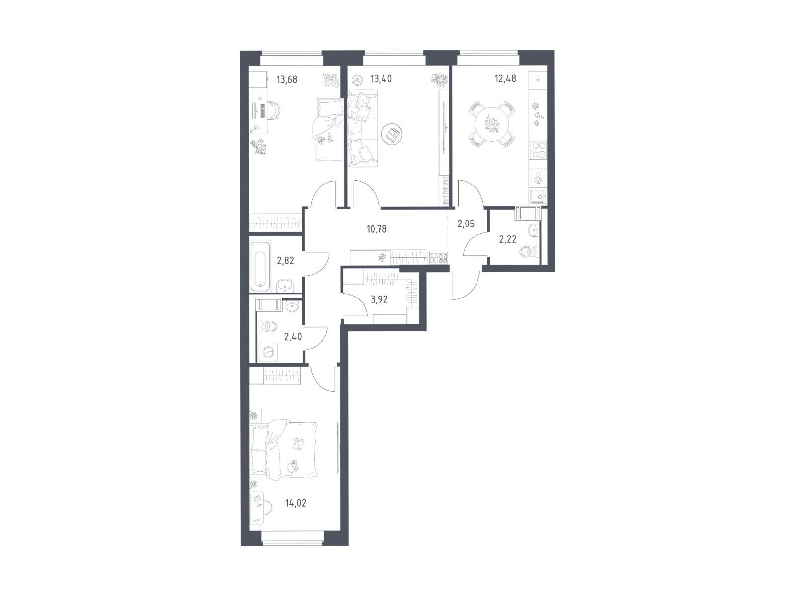 Планировка: 3-комн. квартира 77.00 м² в новостройке Томилино Парк