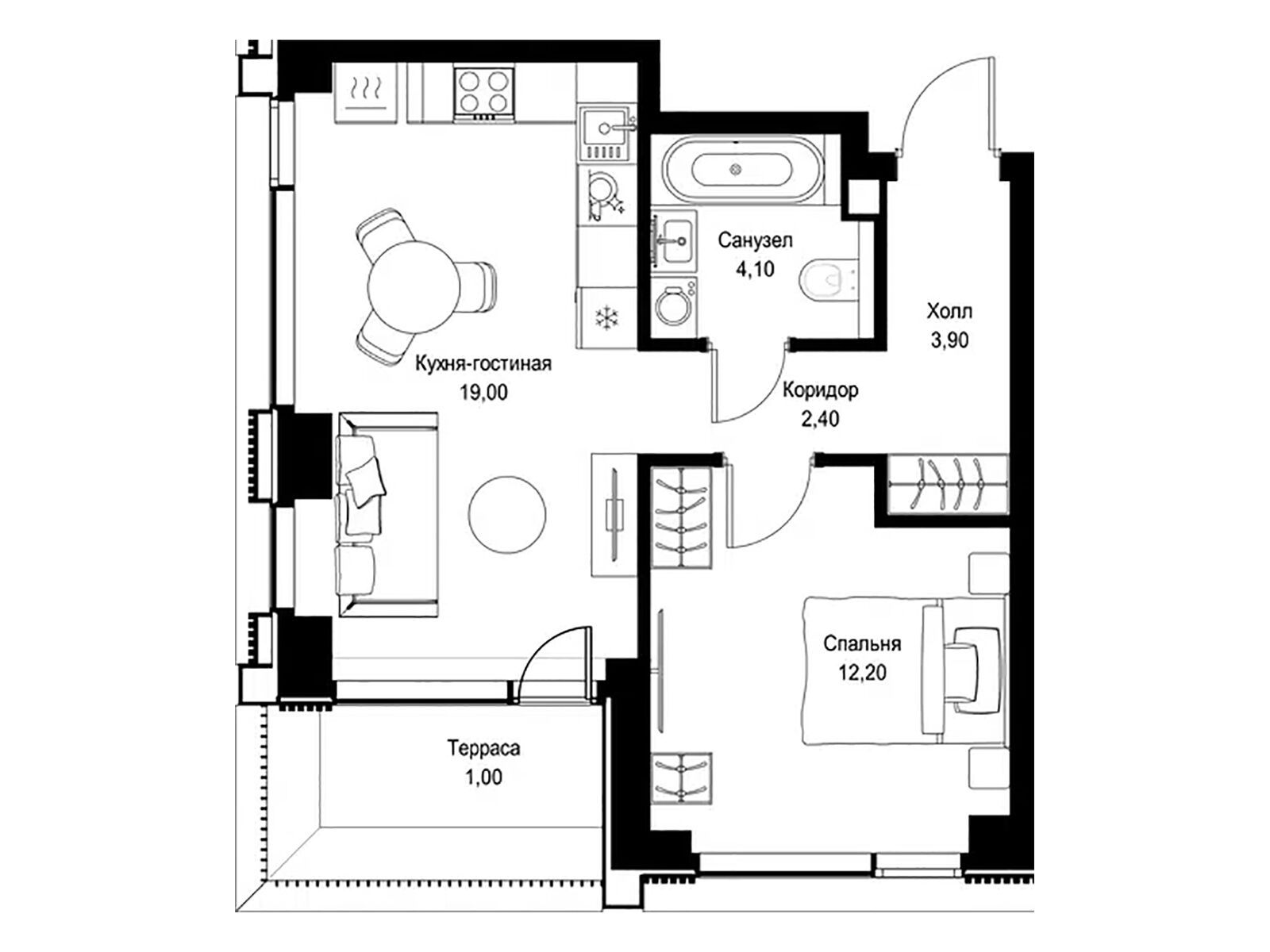 Планировка: 1-комн. квартира 42.60 м² в новостройке Ситидзен