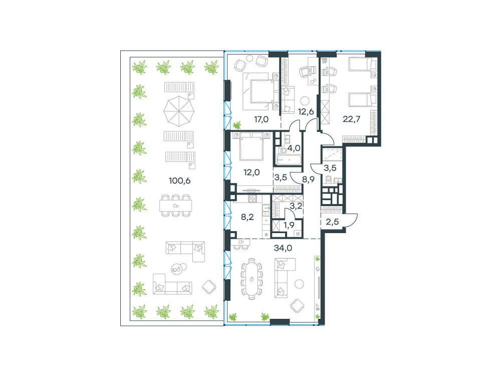 Планировка: 5-комн. квартира 134.00 м² в новостройке Левел Причальный