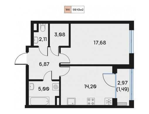 Планировка: 1-комн. квартира 50.56 м² в новостройке Дом Регенбоген