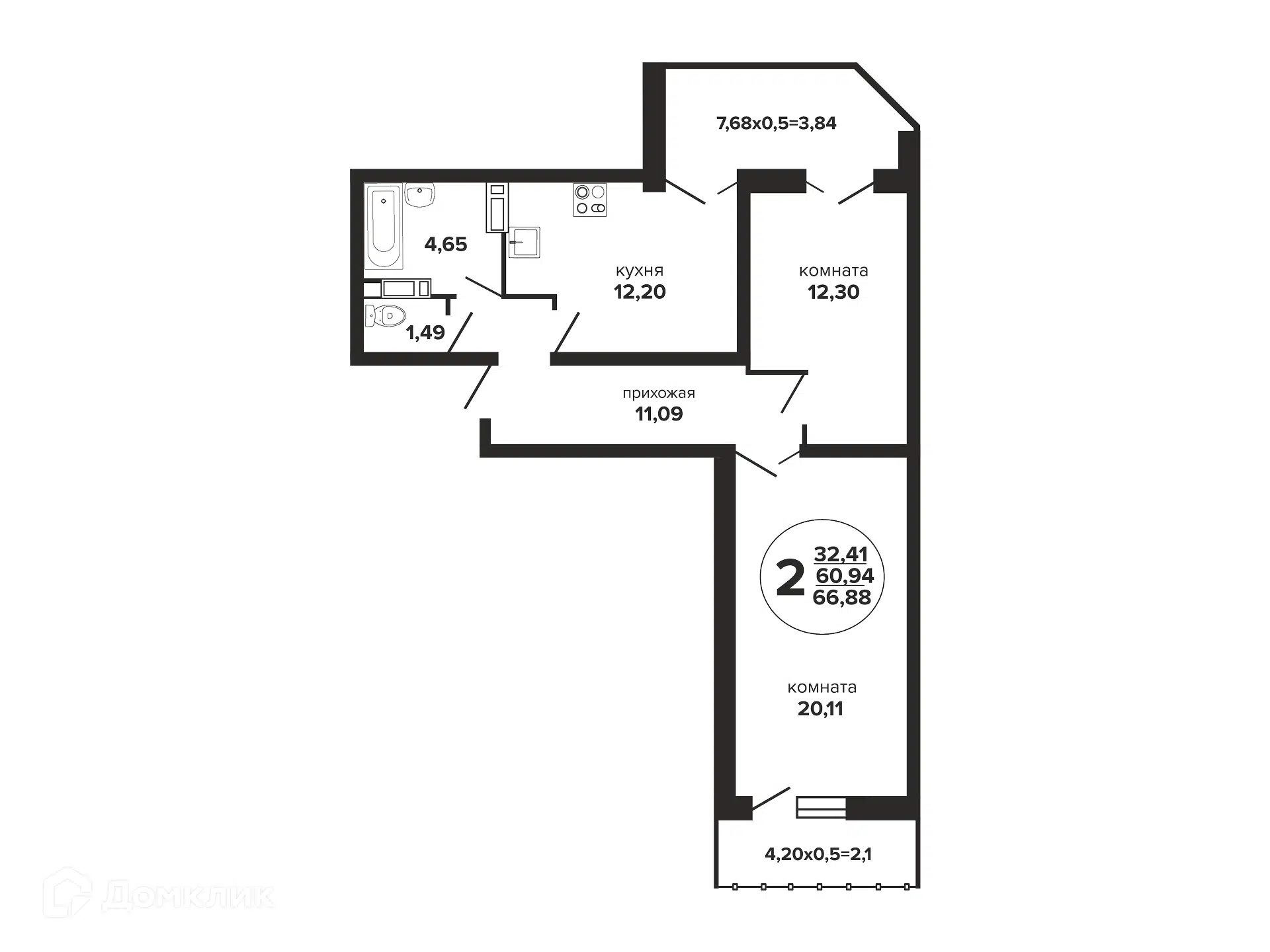 Планировка: 2-комн. квартира 66.88 м² в новостройке Гулливер